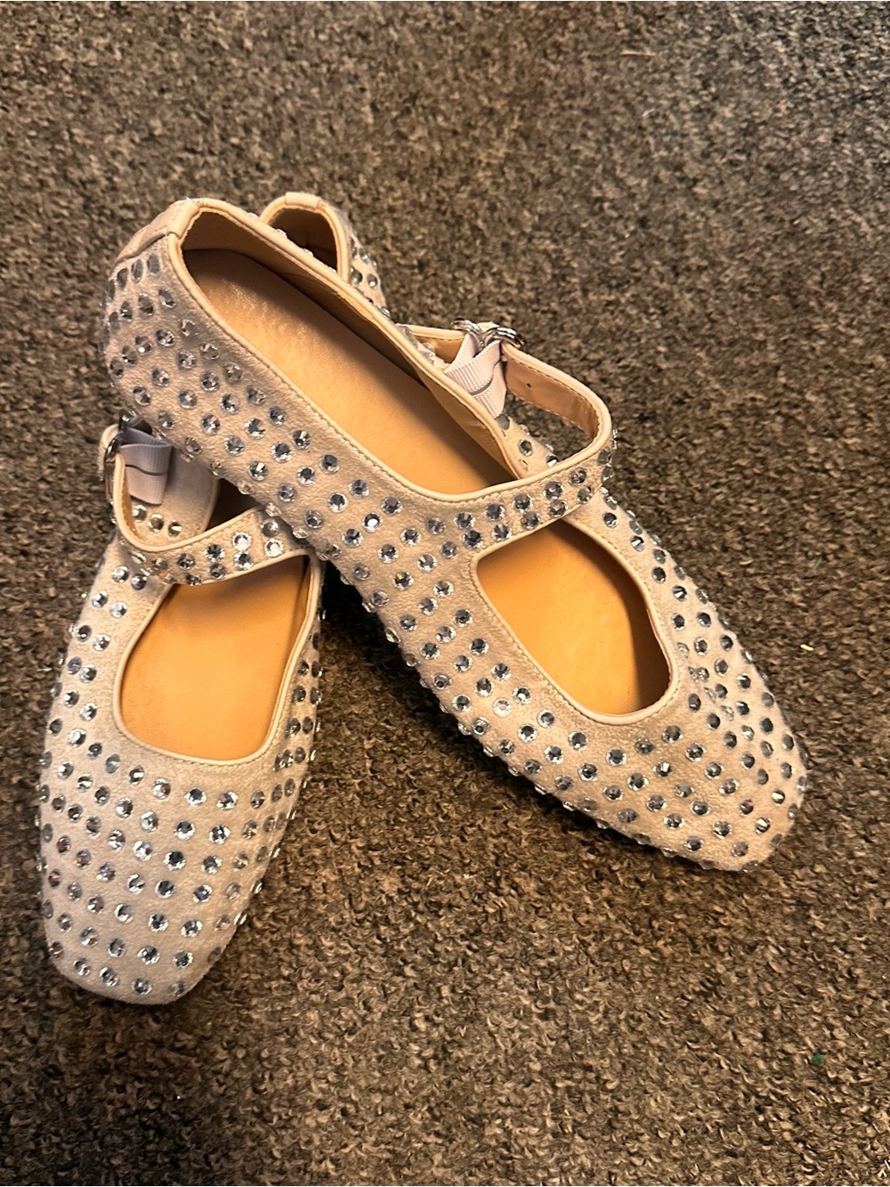 Beige Rhinestone Mary Jane Flats with Sparkle Strap
